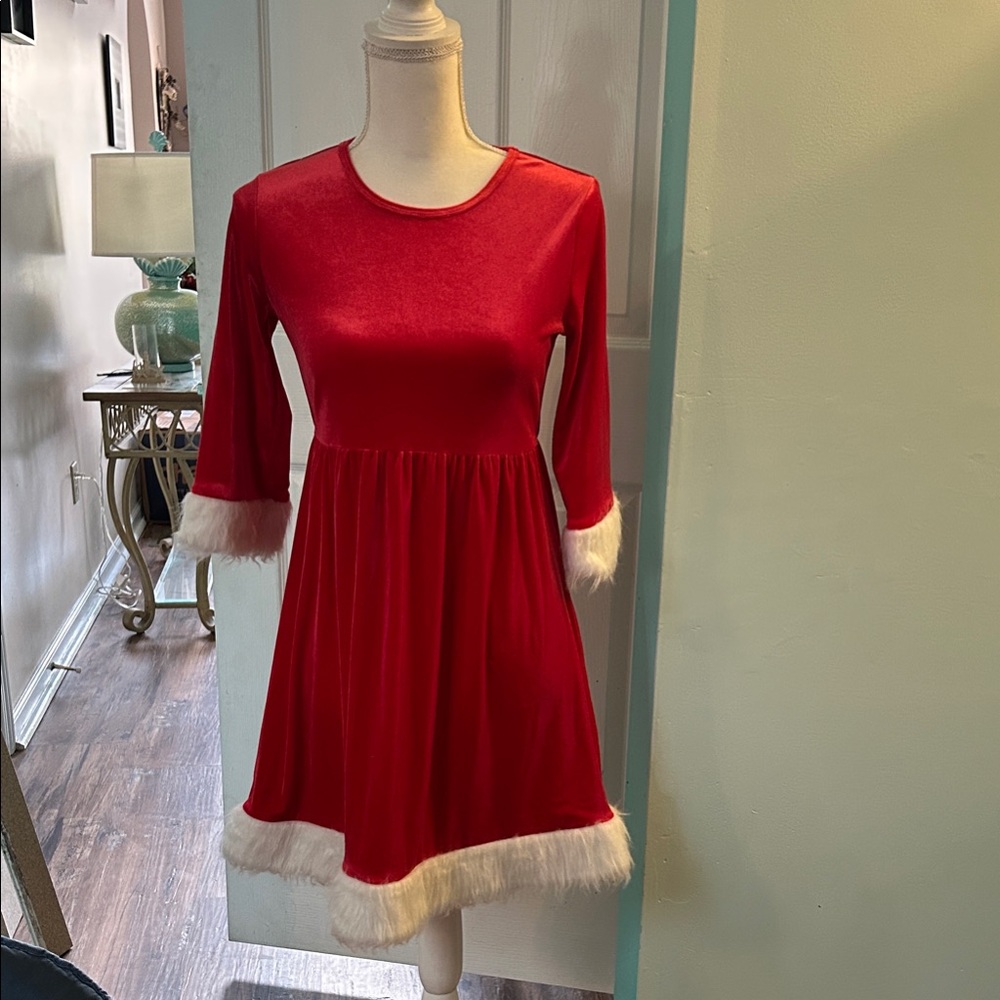 Girls Red Dress with White Fur Trim